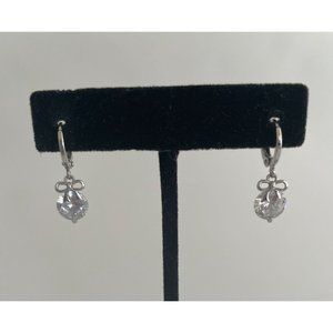 Silver Tone and Clear Rhinestone Bow Hoop Huggie Earrings for Pierced Ears